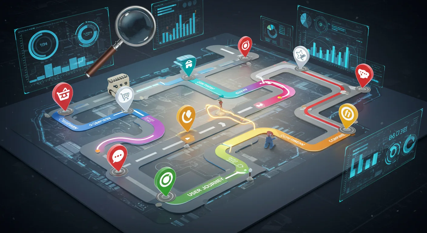 A sprawling, stylized map with winding paths representing user journeys for different companies.
