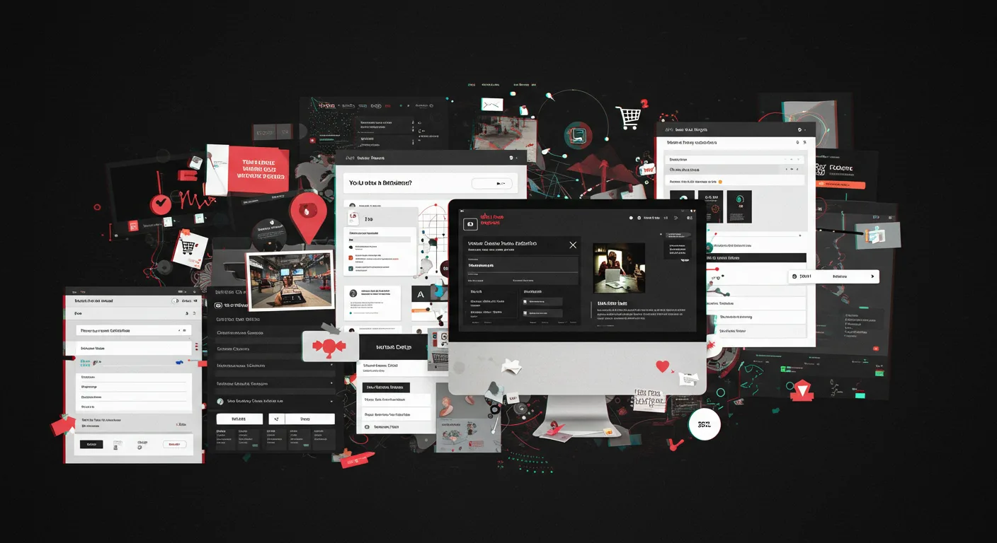 A chaotic, layered screenshot showcasing a website without conversion rate optimization, featuring multiple design mockups, wireframes, and UI elements. The interface includes dark mode elements, various charts and graphs, a map, and a red and black color scheme. There are several floating design elements and pop-up windows, creating a busy and dynamic digital experience.